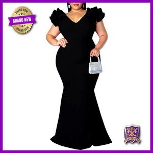 Plus Size Maxi Dress V-Neck Ruffle Sleeves Bodycon Mermaid Evening Gown